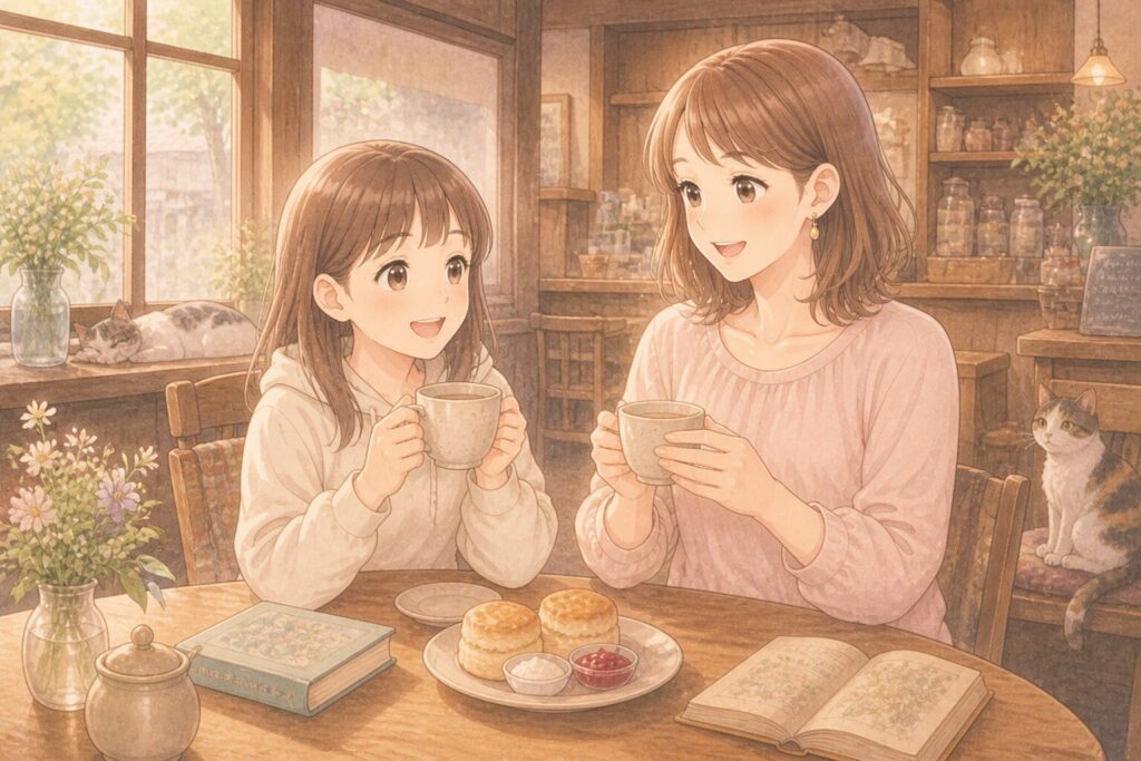 カフェでくつろぐ母と娘のイメージ画像