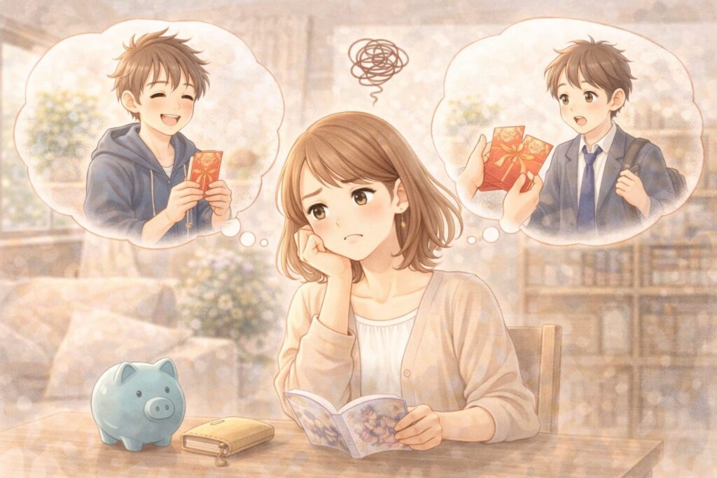 お年玉の扱いに悩む母親のイラスト