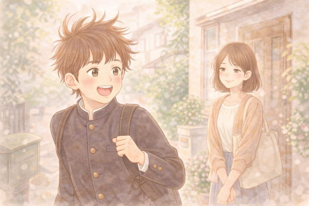寝癖をつけたまま元気に登校する中学生男子と見守る母親のイラスト