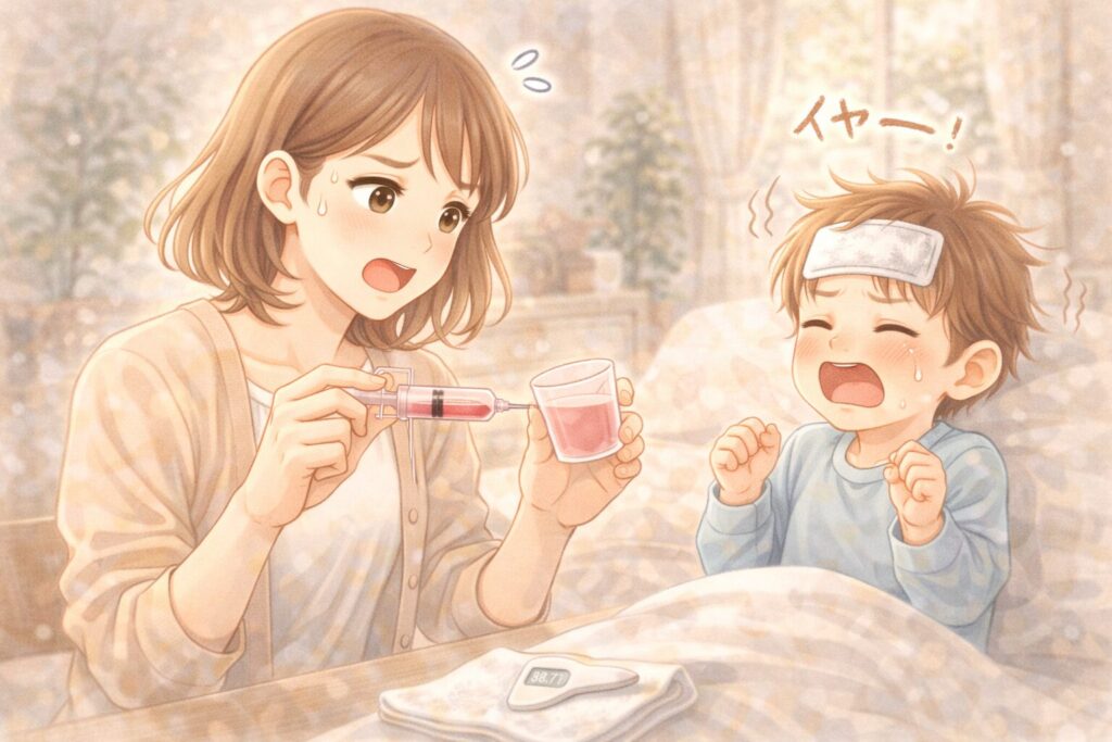 薬を嫌がる子どもに手をやくお母さんのイラスト