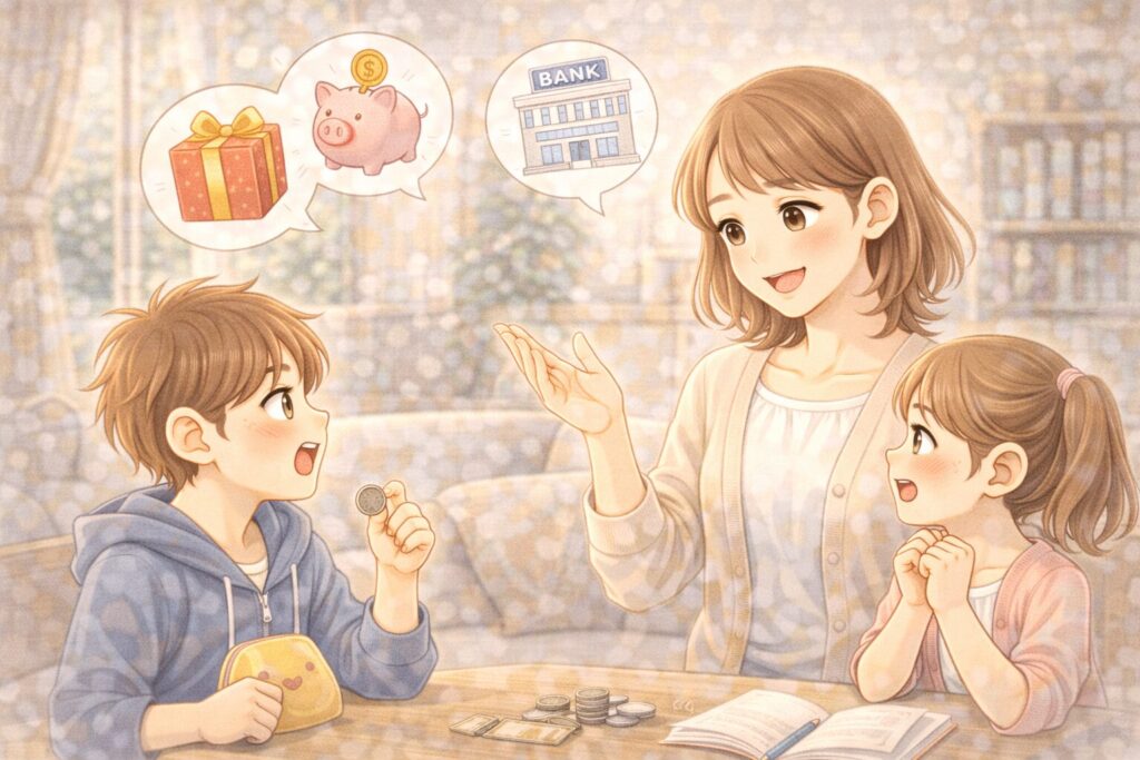 お金の使い方を兄妹に教えるお母さんのイラスト