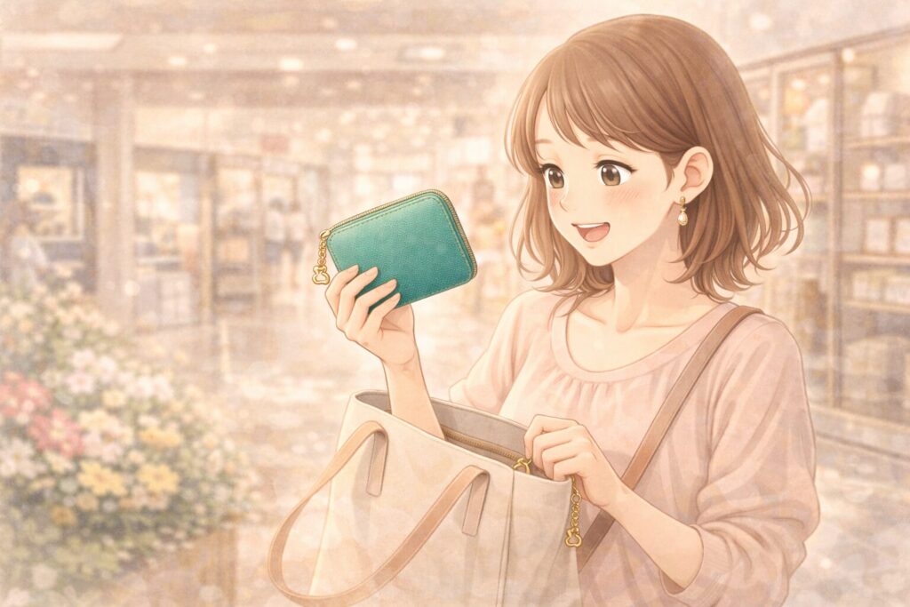 ショッピングモールでお気に入りの財布をバックから取り出す女性のイラスト