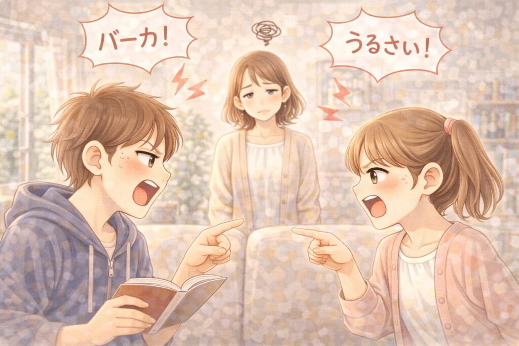 兄妹の口喧嘩を呆れ顔で見守る母のイラスト