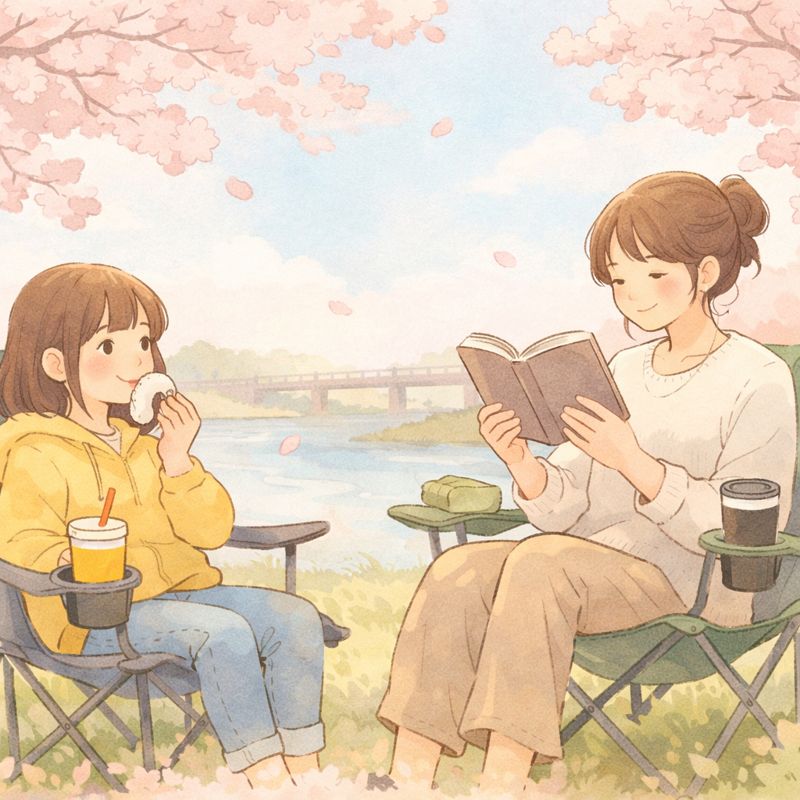 河川敷で椅子に座り、飲み物を持って会話する親子のイラスト。