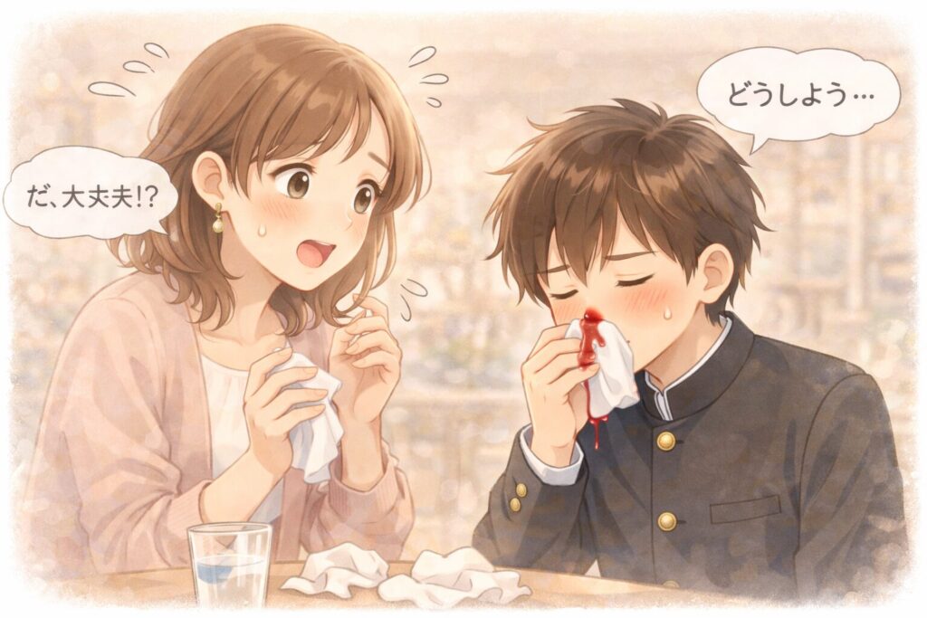 鼻血を出す息子と心配するお母さんのイラスト