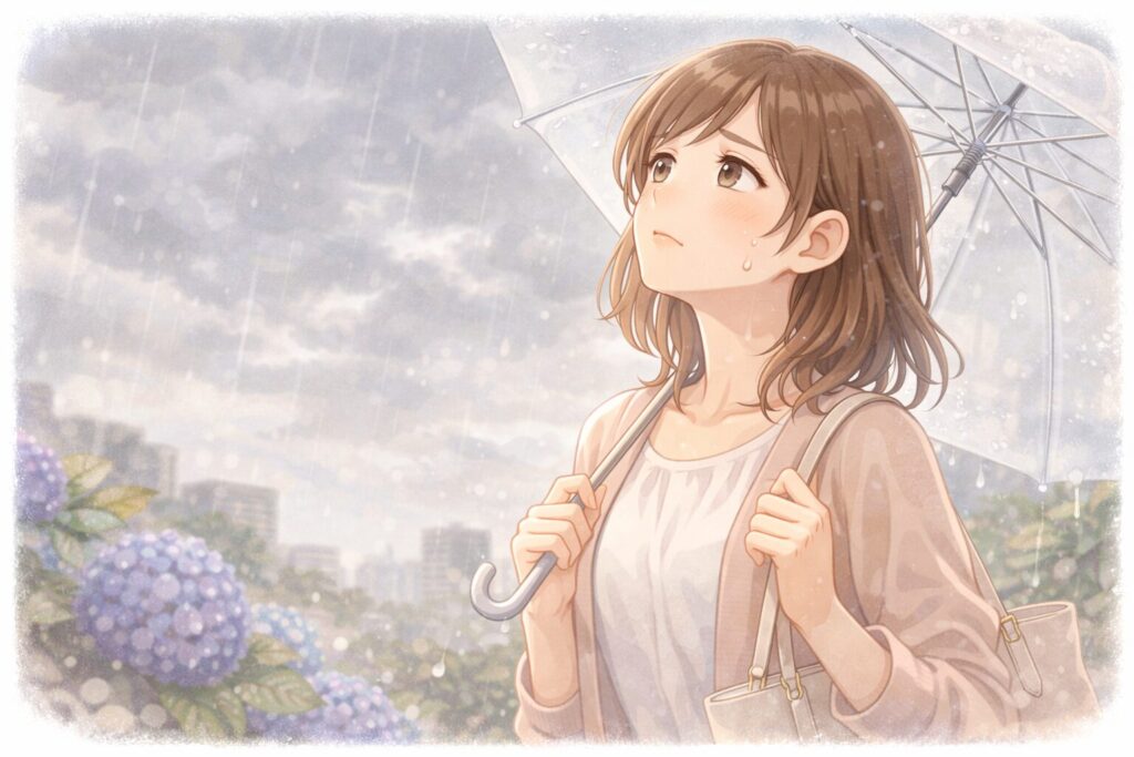梅雨空を見上げる憂鬱そうな女性のイラスト