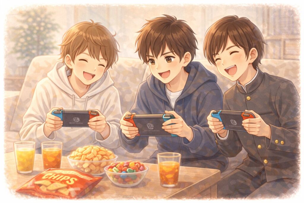自宅リビングでゲームを楽しむ中学生3人のイラスト