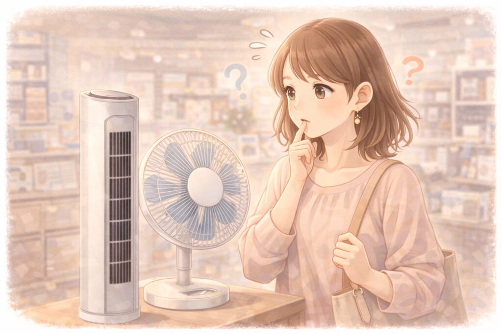 家電量販店で扇風機を迷っている女性のイラスト