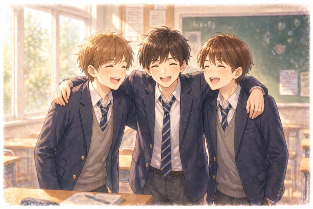 肩を組んで笑いあう中学生のイラスト