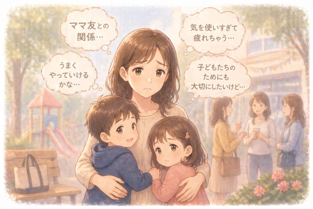 ママ友との関係に悩むお母さんのイメージイラスト画像