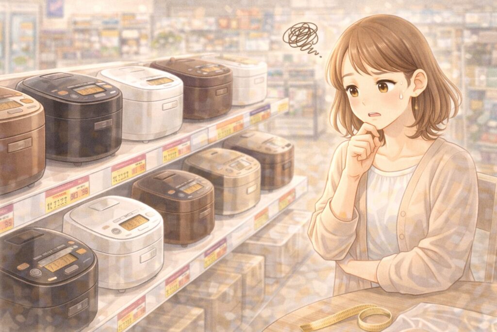 家電量販店で炊飯器に悩む女性のイラスト