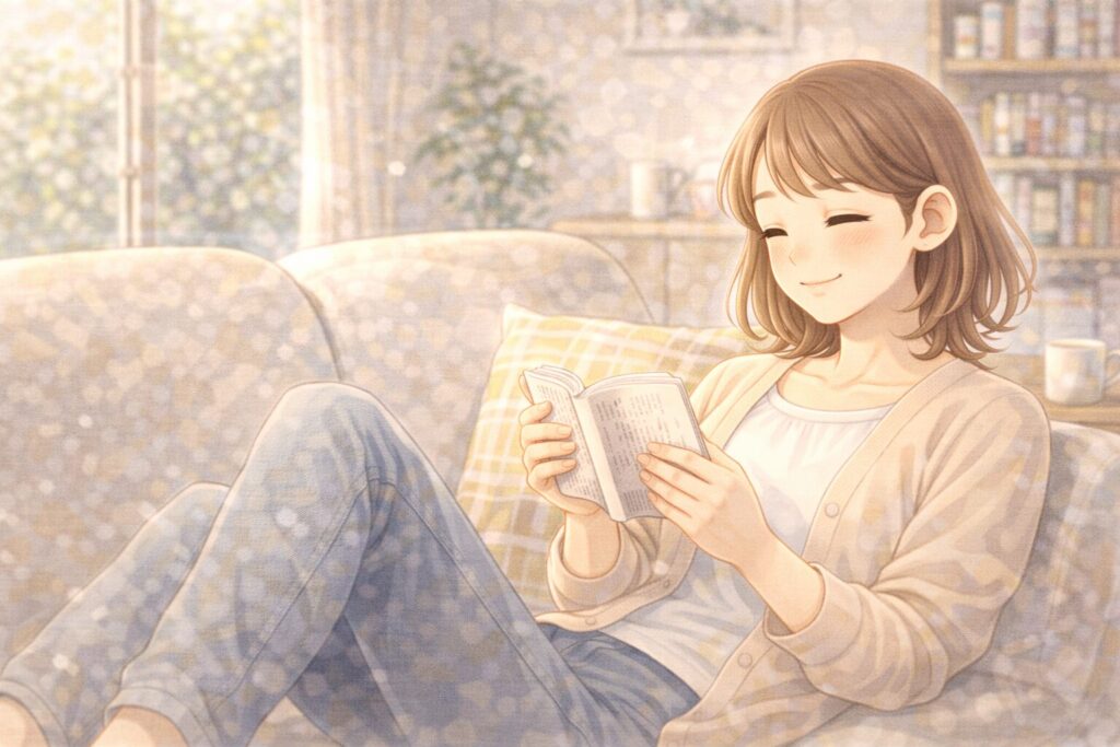リラックスした女性が読書をしているイラスト