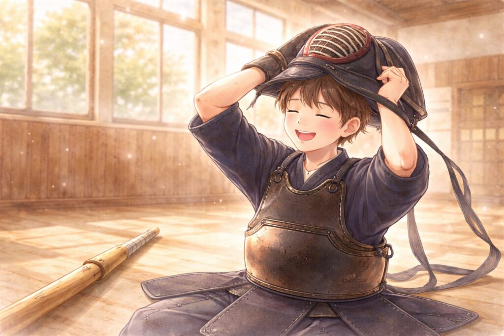 剣道少年が面をとる瞬間のイラスト