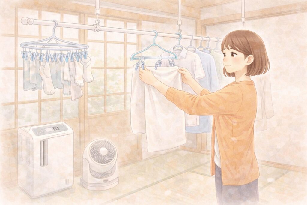 和室で洗濯物を干す女性