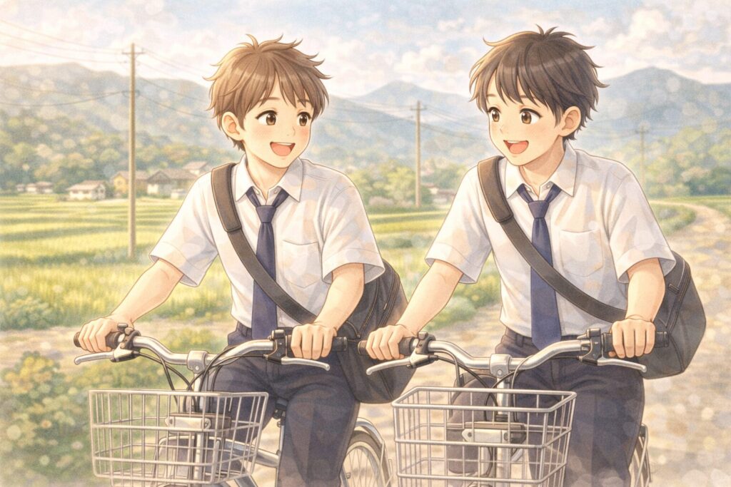 自転車で仲良く登校する高校生男子の様子