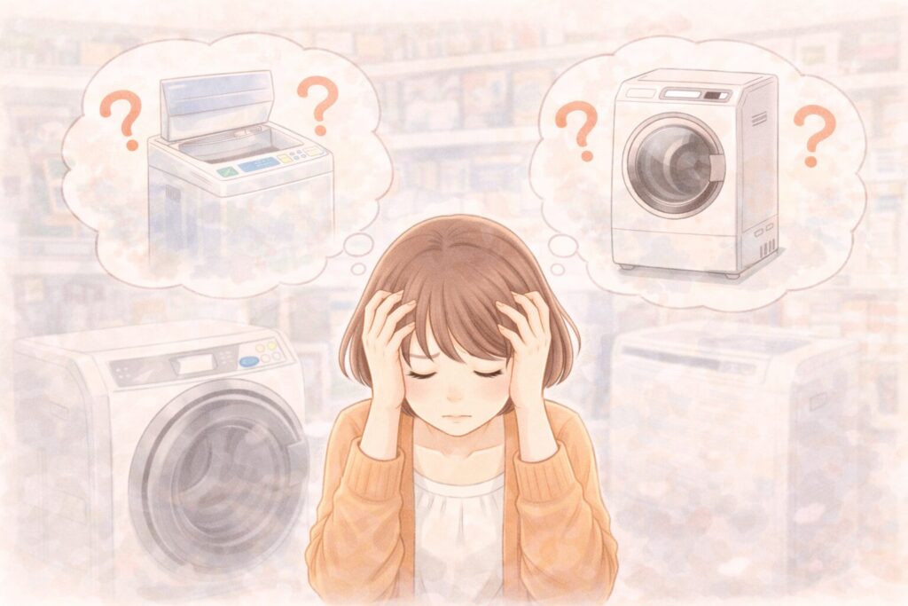 洗濯機に迷う女性のイラスト