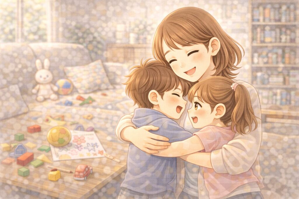 小さな兄妹を抱きしめるお母さんのイラスト