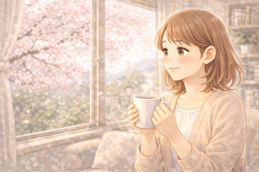 散り行く桜を眺めながらコーヒーを飲む女性のイラスト