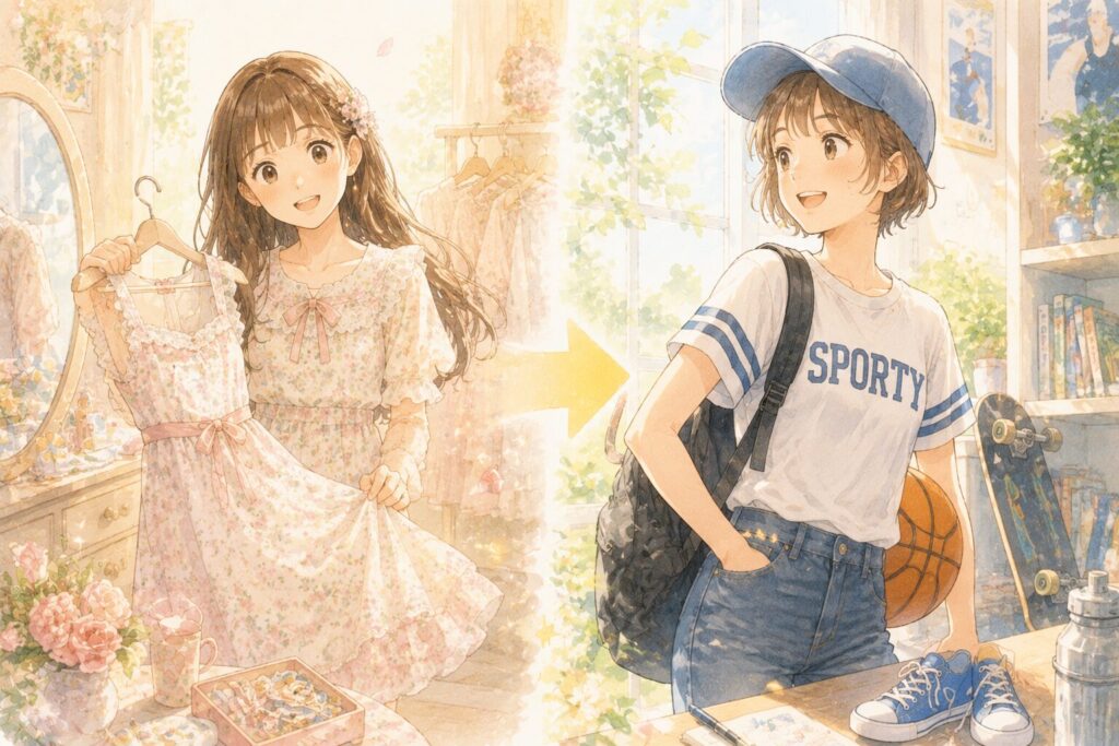 フリルのワンピースからシンプルなスポーティスタイルへ変わった女の子のイラスト