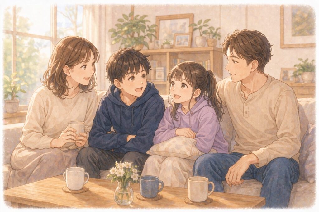 家族4人自宅で幸せそうに過ごす様子のイメージ画像
