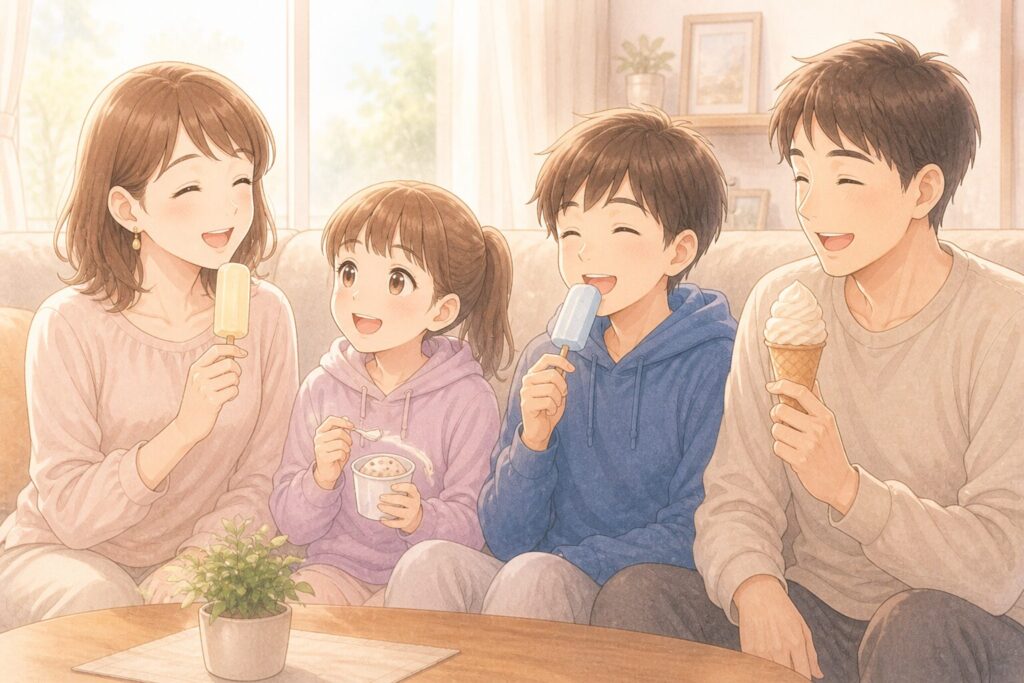 家族で美味しそうにアイスクリームを食べている画像