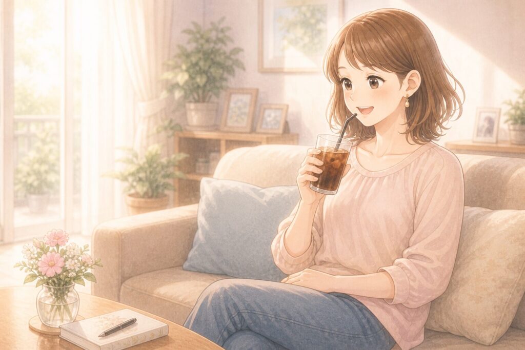 リビングでアイスコーヒーを飲む女性のイラスト