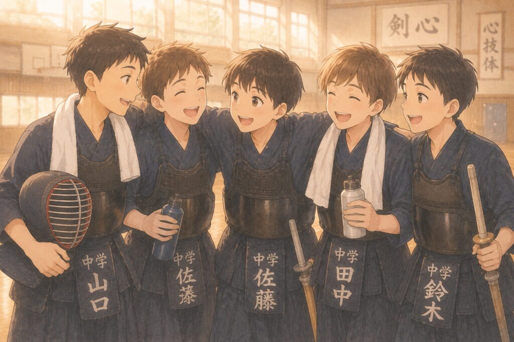 剣道少年5人が楽しそうにしている雰囲気