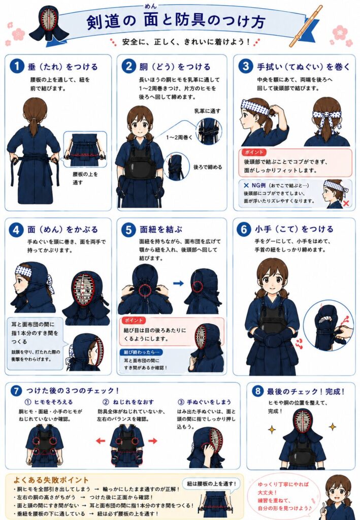 剣道の面と防具のつけ方を、垂・胴・手ぬぐい・面・小手の順に8ステップで解説した図解