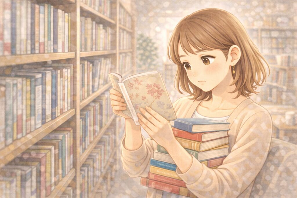 図書館で本を選ぶ女性のイメージ画像