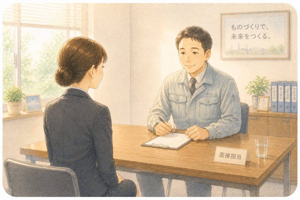 小さな事務所で面接を受けている女性