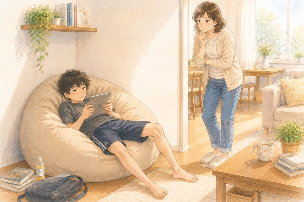 ビーズクッションに沈み込んで背中を丸めながらタブレットを見る子どもと、姿勢を気にする母親のイラスト