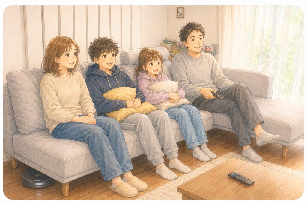 マルイチのL字ソファに家族4人で座って映画を観ている様子。ソファの下はロボット掃除機が通れる高さ