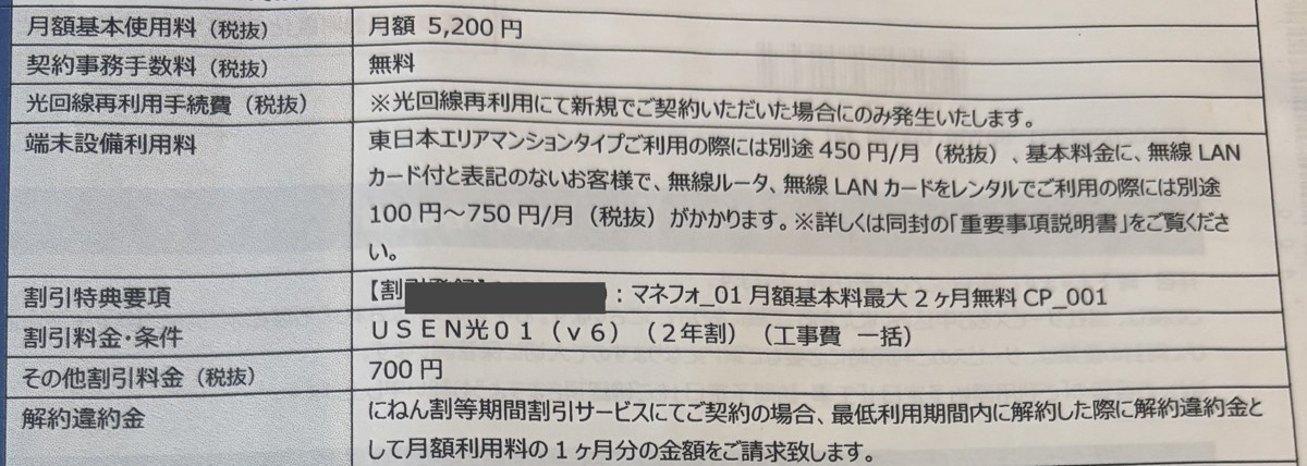 マネーフォワード光の契約書に書かれた月額基本使用料と割引の欄